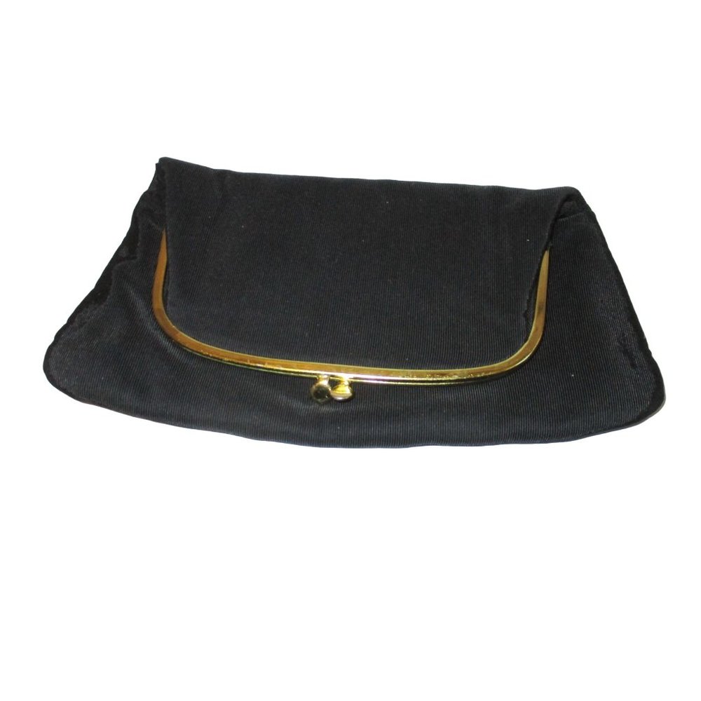 *Vintage INGBER Black Ribbed Peau de Soie Foldover Clutch Kiss Closure Purse